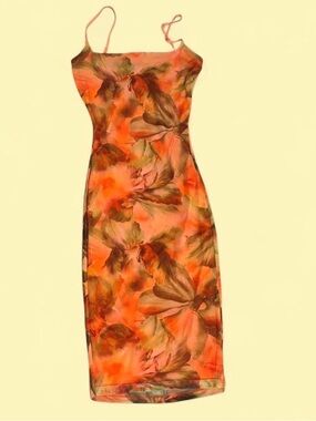 Windsor Orange Floral Slip Midi Dress with Green Leaf Print